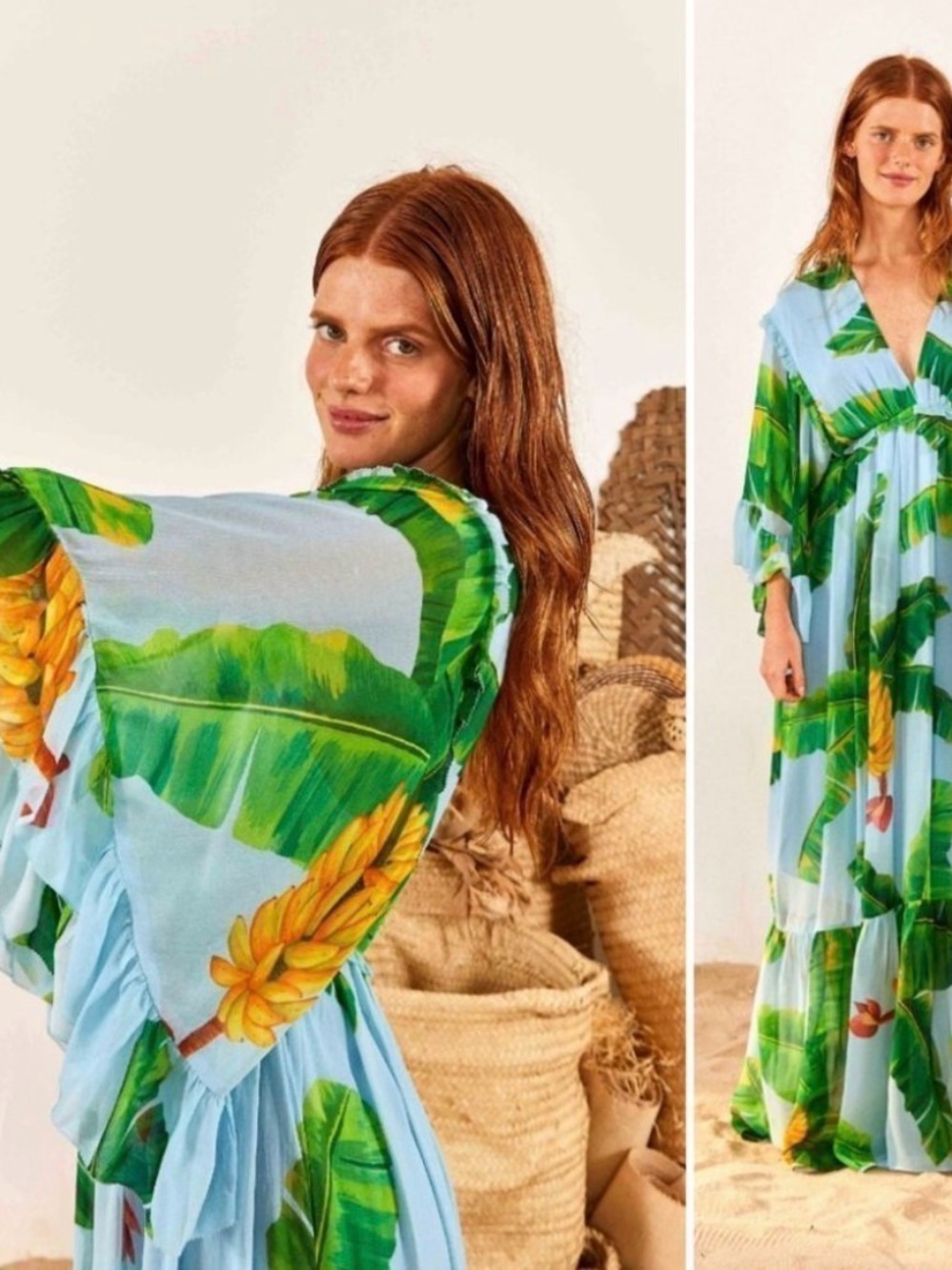 Light Blue Tropical Banana Maxi Dress with Green Leaf Print - Farm Rio - Picture 5 of 7